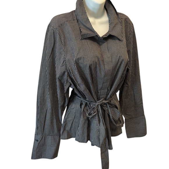 Lane Bryant Small Check Tunic Blouse Sz 22/2X Belted Long Sleeve Black White - Picture 2 of 7